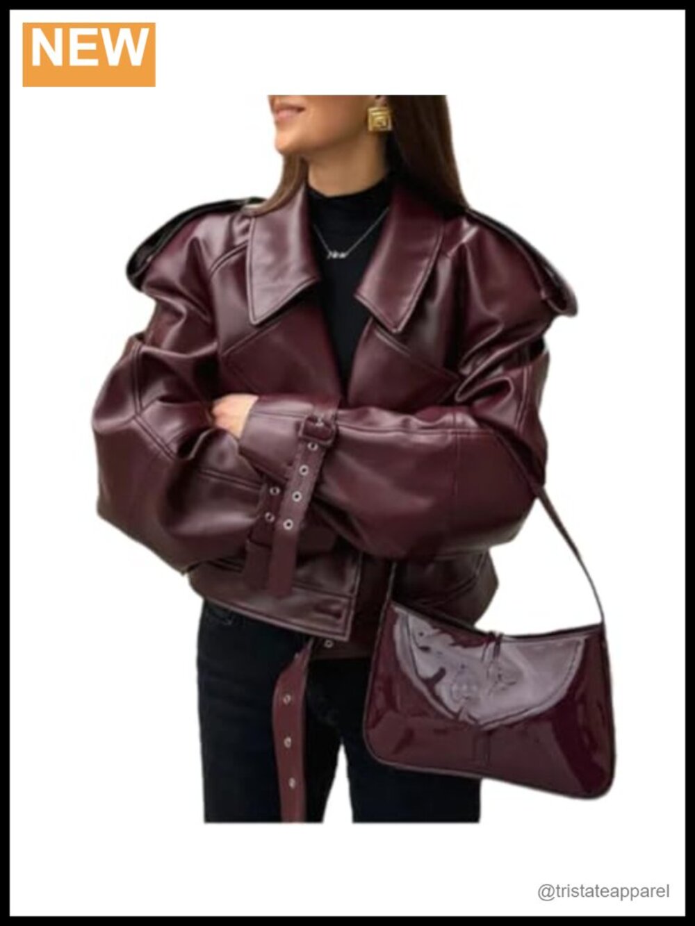 Womens PU Leather Jacket Long Sleeve Retro Collar Motorcycle Jacket Casual Coat